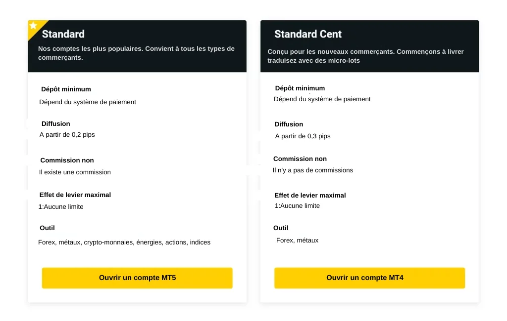 Types de comptes standard proposés par Exness